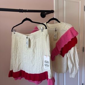 Never Fully Dressed Cream Cable Knit Sweater with Pink Ruffle Accent